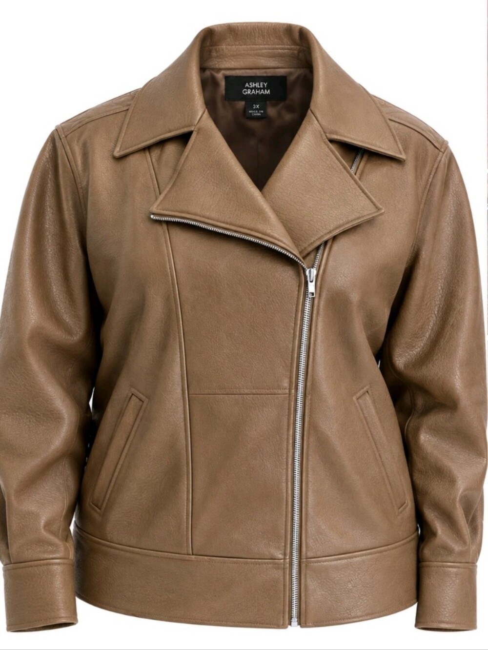Ashley Graham 1X Taupe Brown Faux Leather Moto Biker Jacket